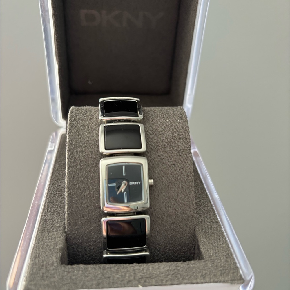 DKNY Black and Silver Rectangular Watch